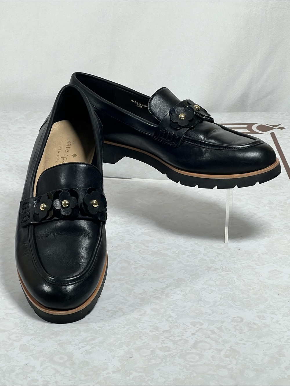 kate spade Black Leather Flower-Trim Loafers